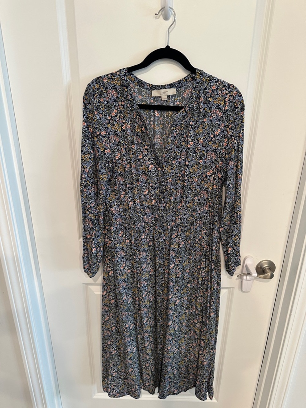 LOFT Navy Floral Long-Sleeve Midi Dress